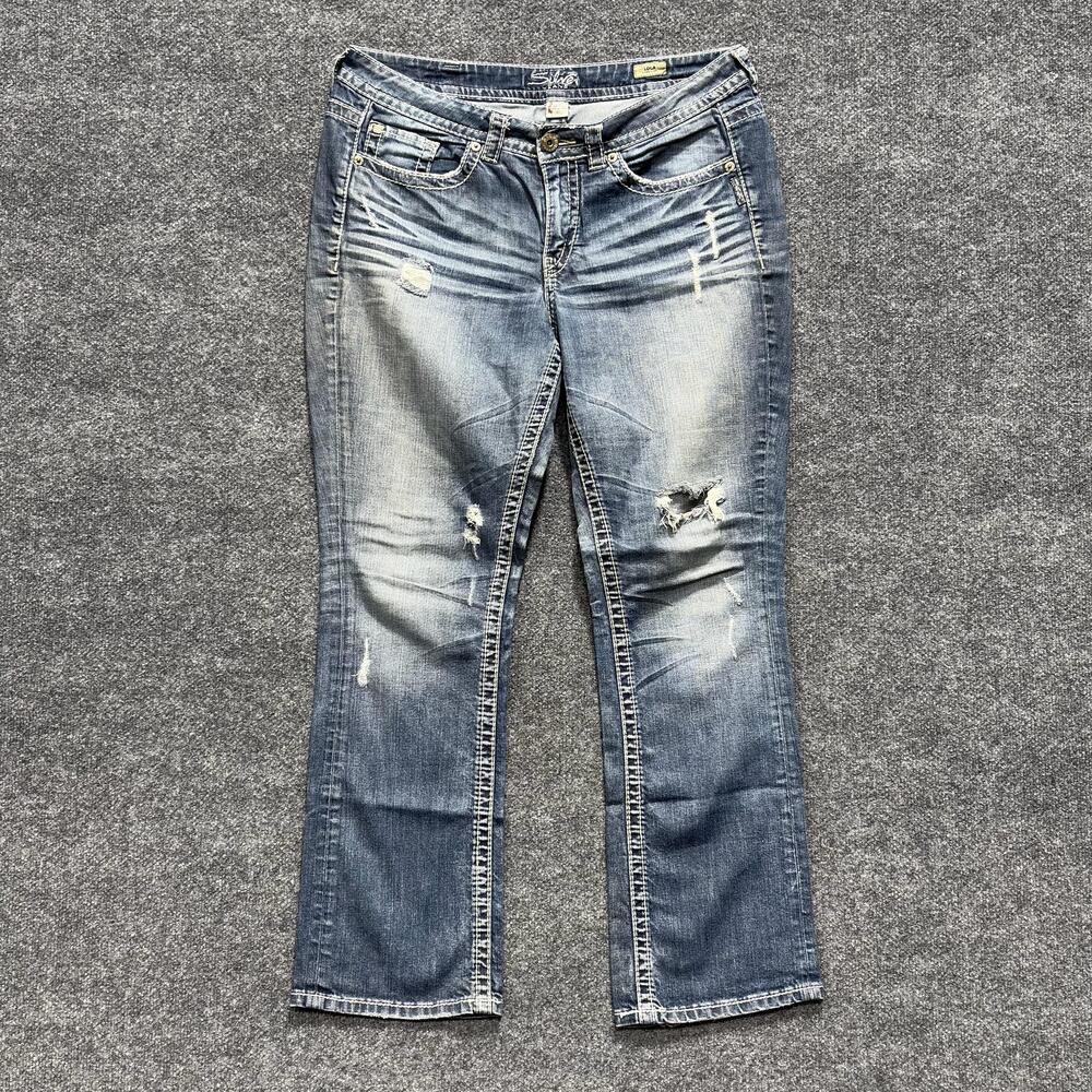 Silver Jeans Womens 14 Blue Medium Wash Lola Straight Distressed Embroidered